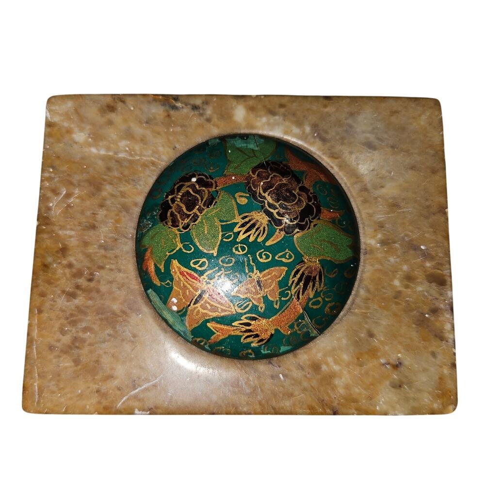 Vintage Indian Marble Trinket Box Enamel Painted Floral Inlay Stone Jewelry Box